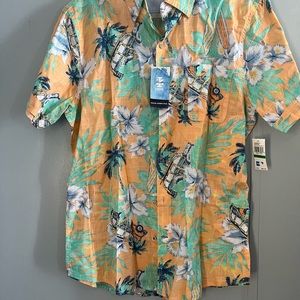 MENS- NEW: Orange and Green Casual Button Down Shirt with Tropical Print
